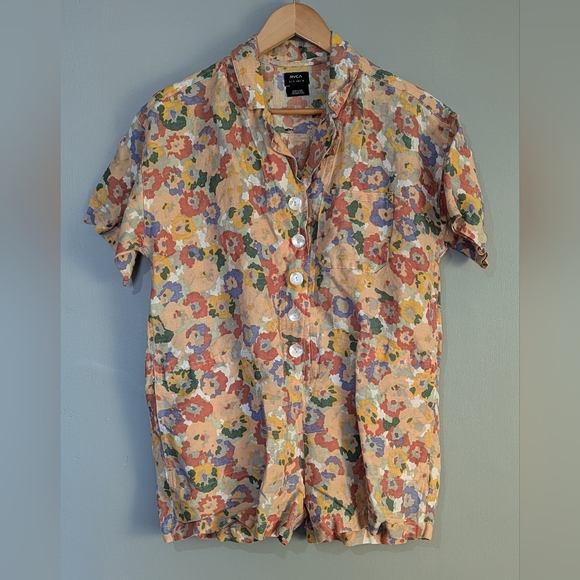 RVCA Women's Linen Blend Floral Hippie Shorts Blossom Romper Pockets - Picture 2 of 13